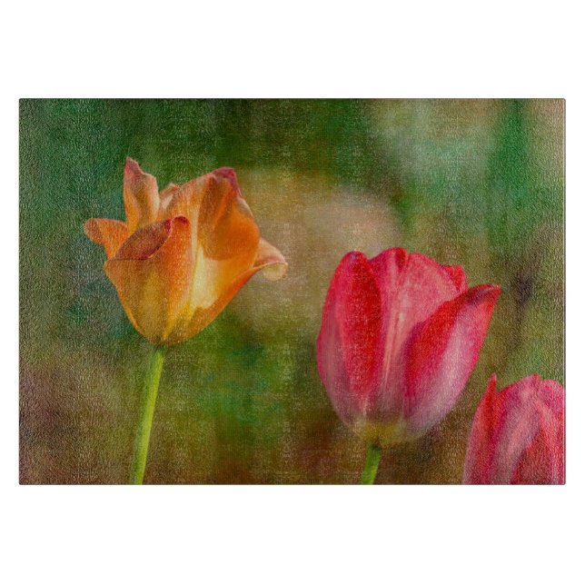 Planche À Découper Tulipes rouges et jaunes sur fond texturé (Devant)