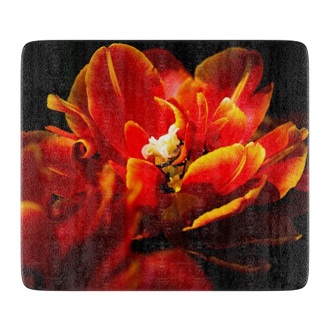 Planche À Découper Tulipes rouges sur fond sombre (Devant)