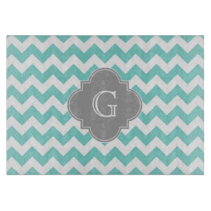 Planche À Découper Turq/Aqua White Chevron Gray Quatrefoil monogram