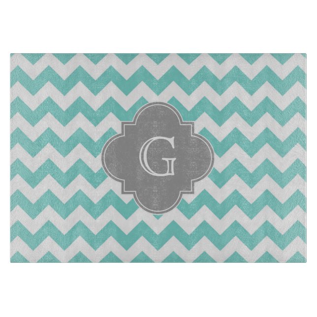 Planche À Découper Turq/Aqua White Chevron Gray Quatrefoil monogram (Devant)