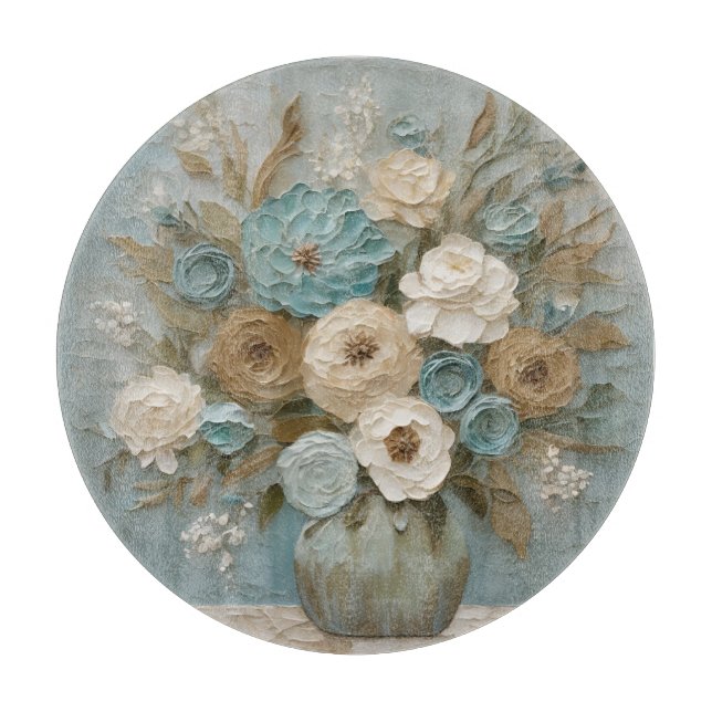 Planche À Découper Turquoise Bleu Beige Sage Crème Floral (Devant)