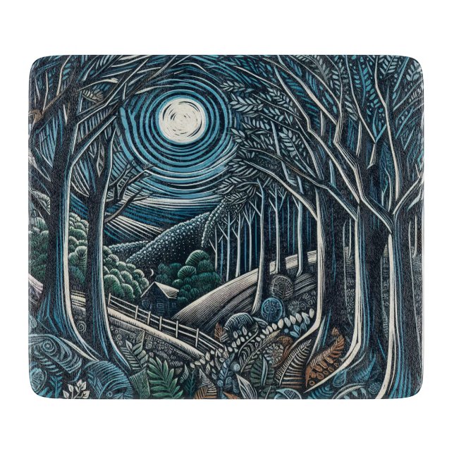 Planche À Découper Un joli linoprint de bois la nuit. (Devant)