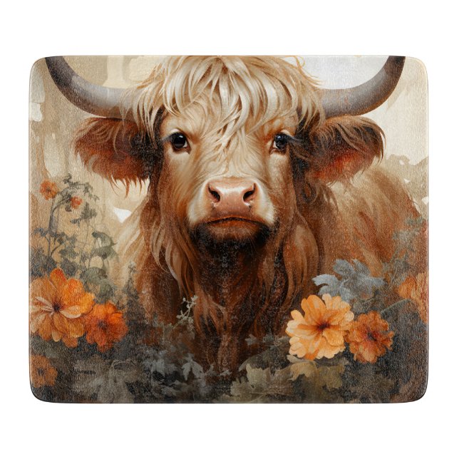 Planche À Découper Une série de vaches des Highlands florales Design  (Devant)