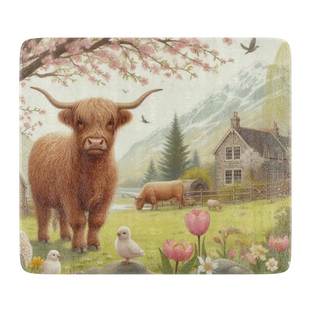 Planche À Découper Vache des hautes terres mignonne, florale/printani (Devant)