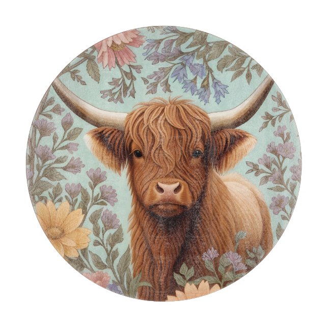 Planche À Découper Vache des Highlands Pastel Floral Inspiré de Willi (Devant)