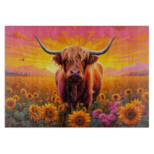Planche À Découper Vache Highland dans les tournesols à Sunrise
