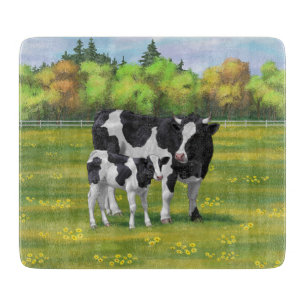 Planche À Découper Vache Holstein et veau mignon en pâturage d'été