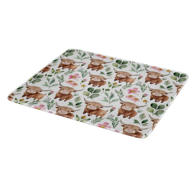 Planche À Découper Vaches Highland et fleurs roses Motif Floral (Coin)