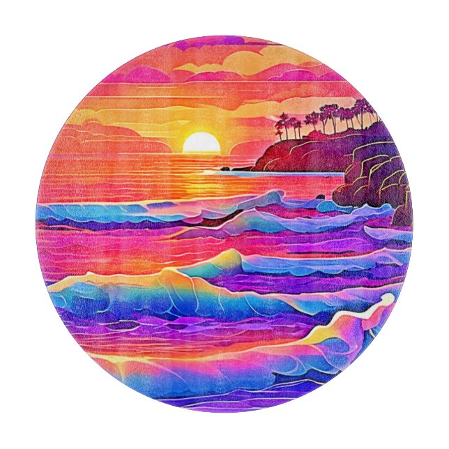 Planche À Découper Vagues au coucher du soleil : rêve côtier vif (Devant)