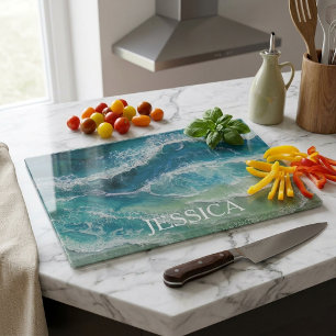 Planche À Découper Vagues de style résine à monogramme côtier