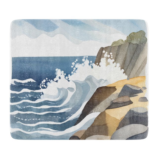 Planche À Découper Vagues déferlantes | Rivage côtier rocheux aquarel (Devant)
