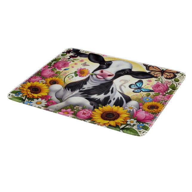 Planche À Découper Veau dans un monde floral et papillon vibrant (Coin)
