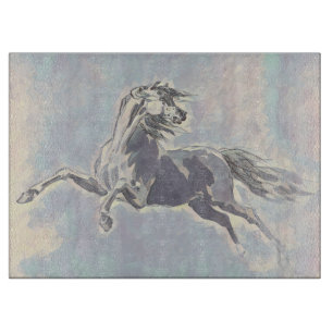 Planche À Découper Verre Art Cheval Vintage Gris Blanc Équestre