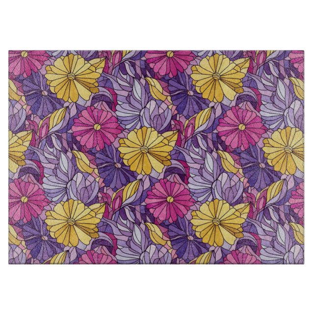 Planche À Découper Verre Cathédrale Abstrait Violet Jaune Rose (Devant)