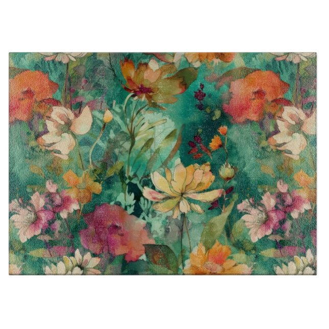 Planche À Découper Verre d'art moderne turquoise, corail et mauve (Devant)