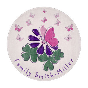 Planche À Découper Verre Fleur Violet Vert Papillon Rose Doodle
