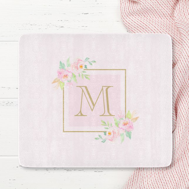 Planche À Découper Verre initial botanique de pivoine rose romantique (Créateur téléchargé)