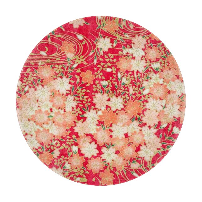 Planche À Découper Verre rouge Sakura Floral japonais traditionnel (Devant)