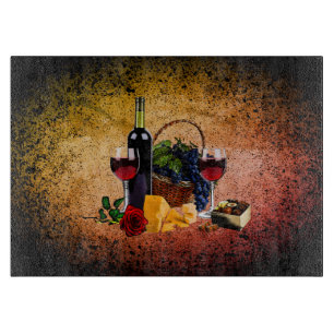 Planche À Découper Verres de vin, bouteille, raisin, fromage, chocola