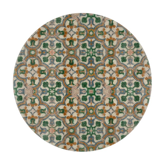 Planche À Découper Vert moutarde floral Azulejos motif géométrique (Devant)
