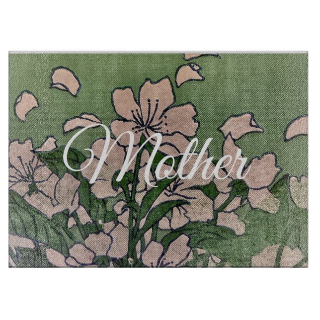 Planche à découper verte à fleurs roses (Devant)