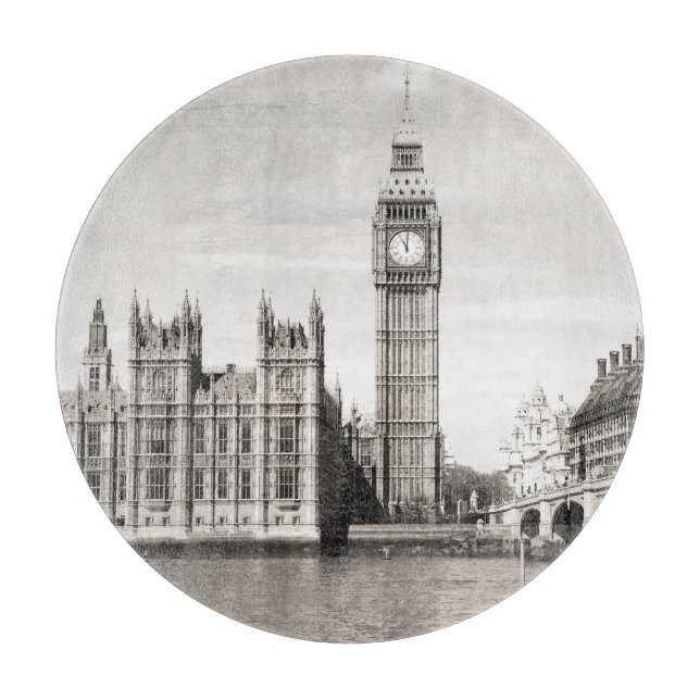 Planche À Découper Vieux Londres, noir et blanc. (Devant)