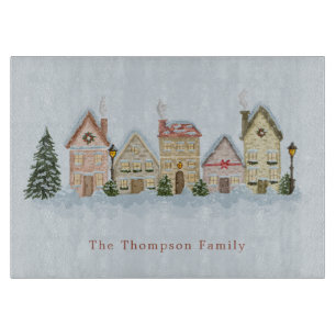 Planche À Découper Village de Noël à l'aquarelle Nom de famille perso
