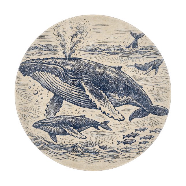 Planche À Découper Vintage Humpback Whale Pod Engraving (Devant)