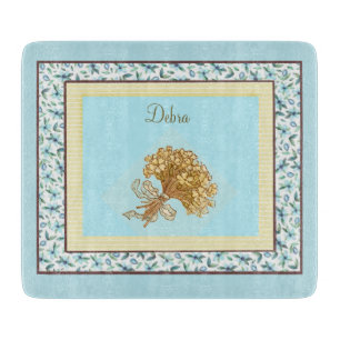 Planche À Découper Vintage Monogramme bleu rose et fleurs jaunes