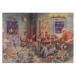 Planche À Découper Vintage Noël, Santa Claus avec Elves Atelier