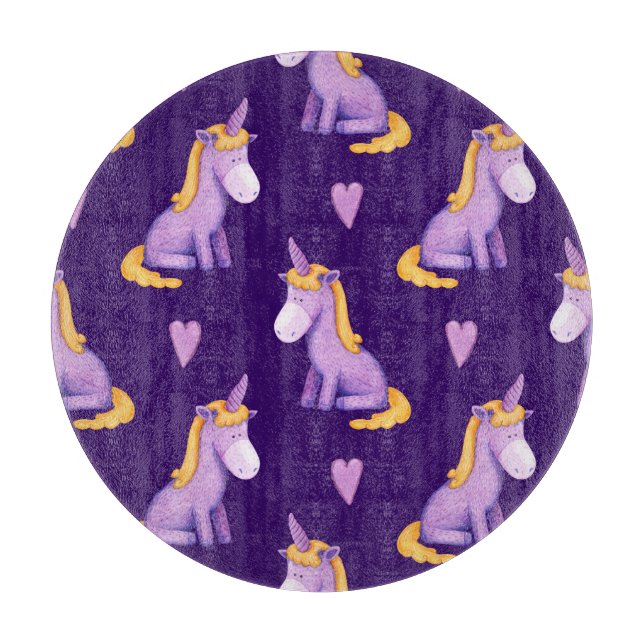 Planche À Découper Violet Unicorns Hearts Aquarelle Motif. (Devant)