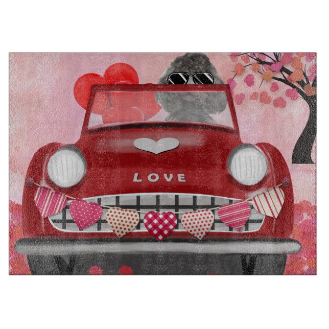 Planche À Découper Voiture de chien caniche avec coeurs Saint-Valenti (Devant)