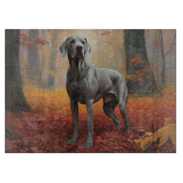 Planche À Découper Weimaraner dans les feuilles d'automne qui tombent (Devant)
