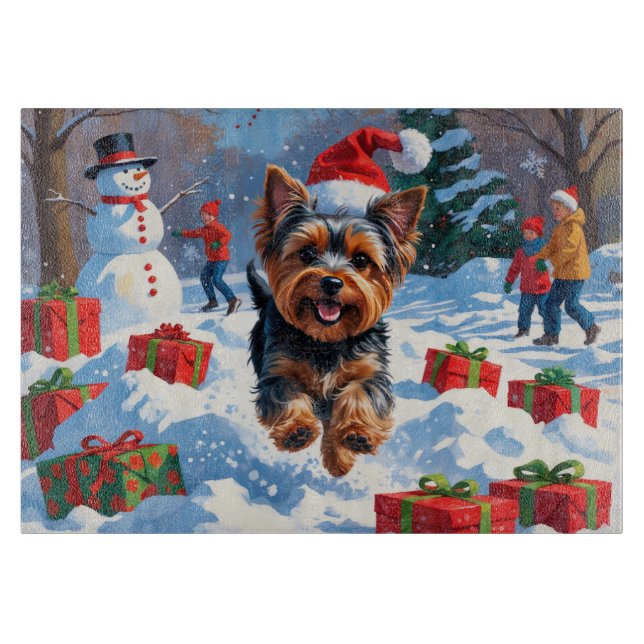 Planche À Découper Yorkshire Terrier dans la neige avec un chapeau de (Devant)