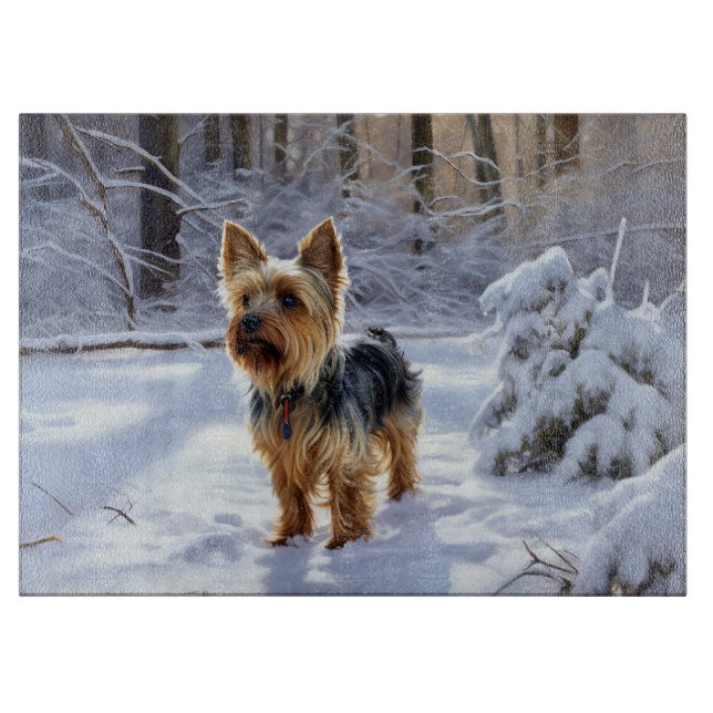 Planche À Découper Yorkshire Terrier Laisser Neige Noël (Devant)
