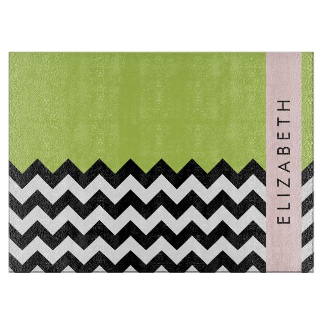 Planche À Découper Zigzag noir et blanc, Chevron, Vert, Votre nom (Devant)