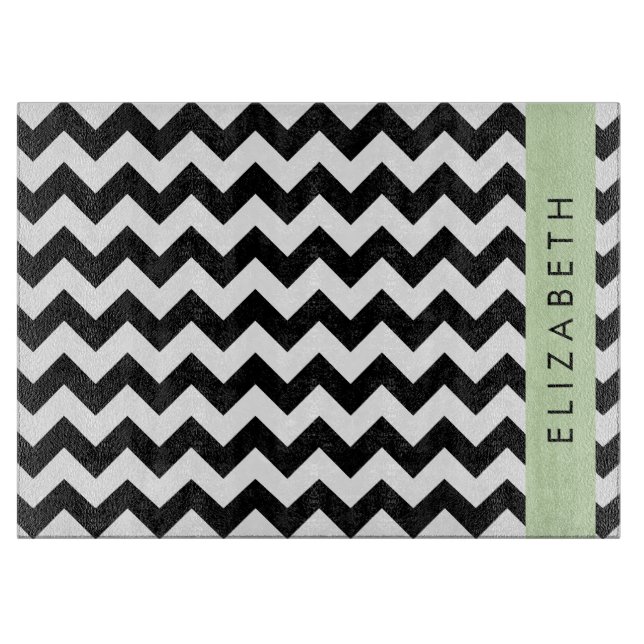Planche À Découper Zigzag noir et blanc, Motif Chevron, Votre nom (Devant)