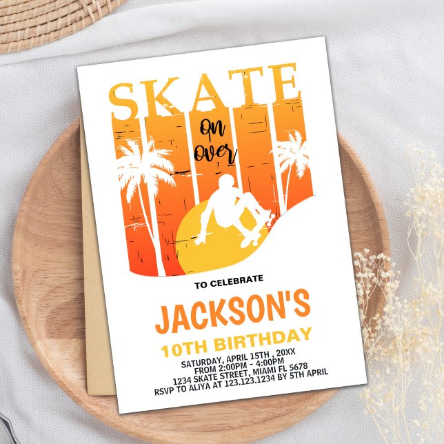 Planche à roulettes blanc Invitations d'anniversai (White Orange Skateboard Birthday Invitations)