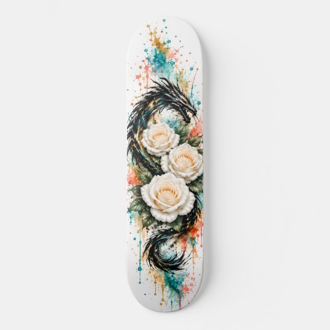 Planche de skateboard Dragon & Roses Blanches (Recto)