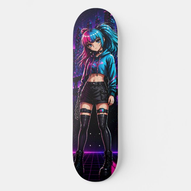 Planche de skateboard néon Cyberpunk Fille Anime (Recto)