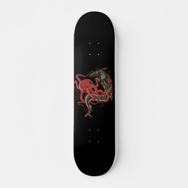 planche de skateboard pieuvre combattant un requin (Devant)