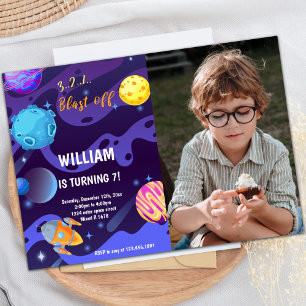 Planètes de fusée violette Invitations d'anniversa