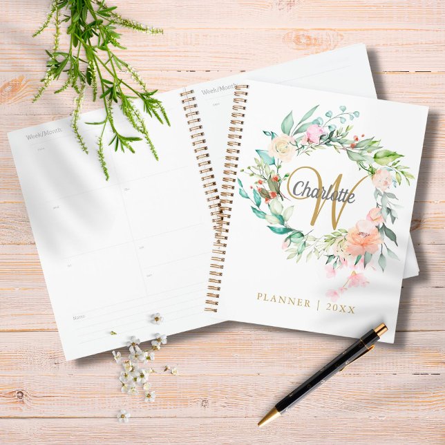 Planificateur 2023 Monogramme Script Floral Or Ros (Créateur téléchargé)