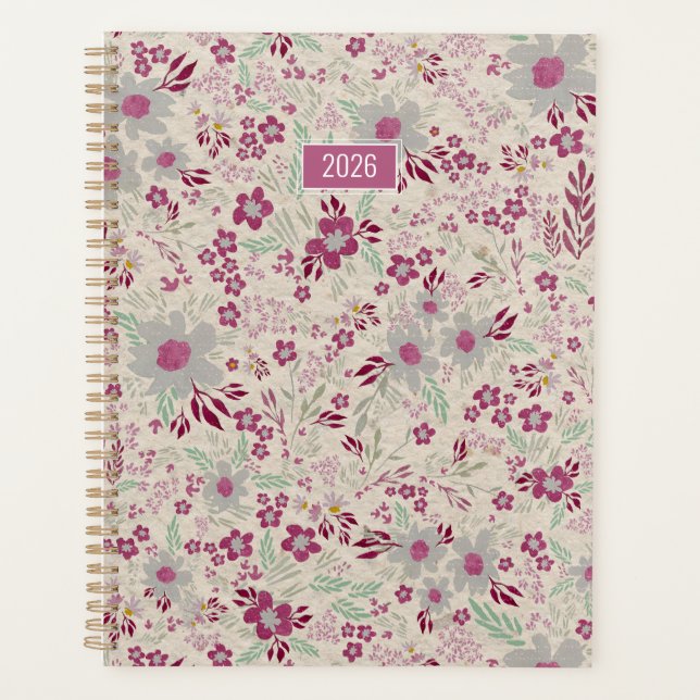 Planificateur 2026 Rose Gris Floral (Devant)
