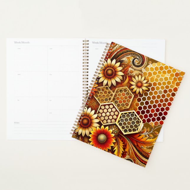 Planificateur avec peigne de miel et design floral (Devant avec enveloppe)