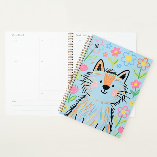Planificateur Chat Gribouillé Bleu (Devant avec enveloppe)