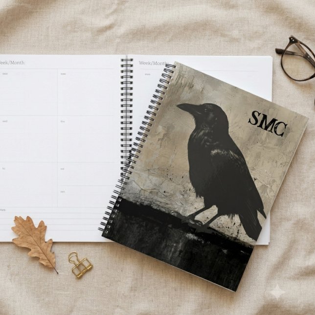 Planificateur Corbeau Gothique avec Monogramme (A moody raven illustration on a spiral planner for a dark academia enthusiast's school year.)