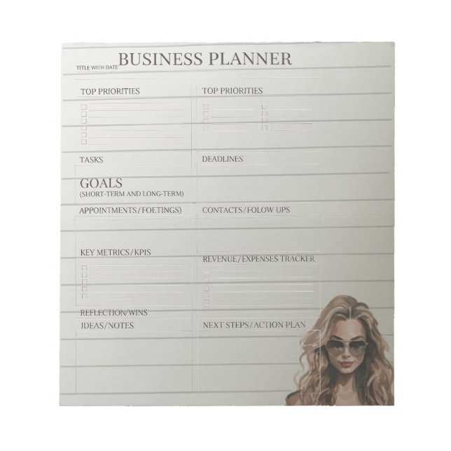 Planificateur d'affaires blanc et noir  Bloc-notes (Devant)