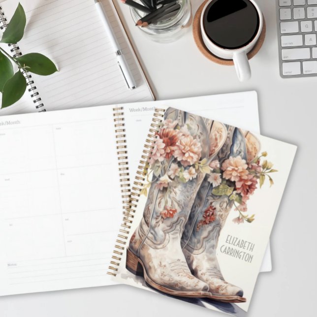 Planificateur de bottes pour fille personnalisée - (Watercolor Blue Grey Cowgirl Boots and Wildflowers Personalized Planner)
