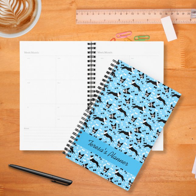 Planificateur de calendrier amusant pour Boston Te (Boston Terriers Planner in blue)